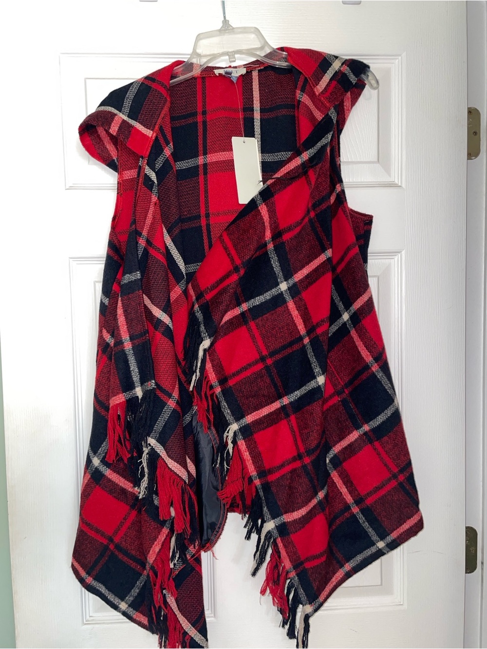 Jolt Red and Navy Plaid Hooded Fringe Vest